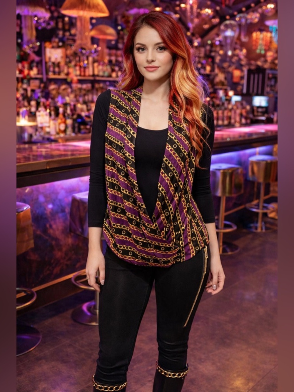 MICHAEL KORS Violet Glaze Long Sleeve Faux Wrap Front Top w/Attached Tank S NWT